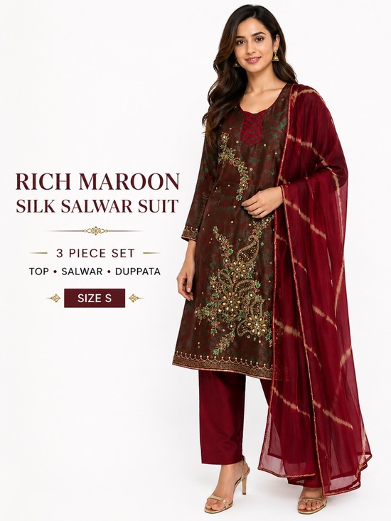 Salwar Kameez Other - Rich Maroon Embroidered Salwar Suit 3 Piece Set Size S